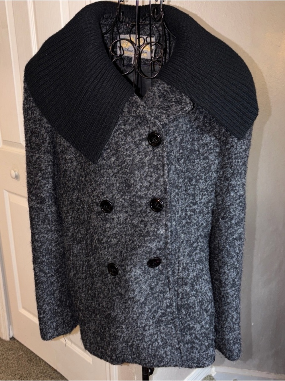 Steve Madden Double Breasted Boucle Knit Collar Peacoat Charcoal Large